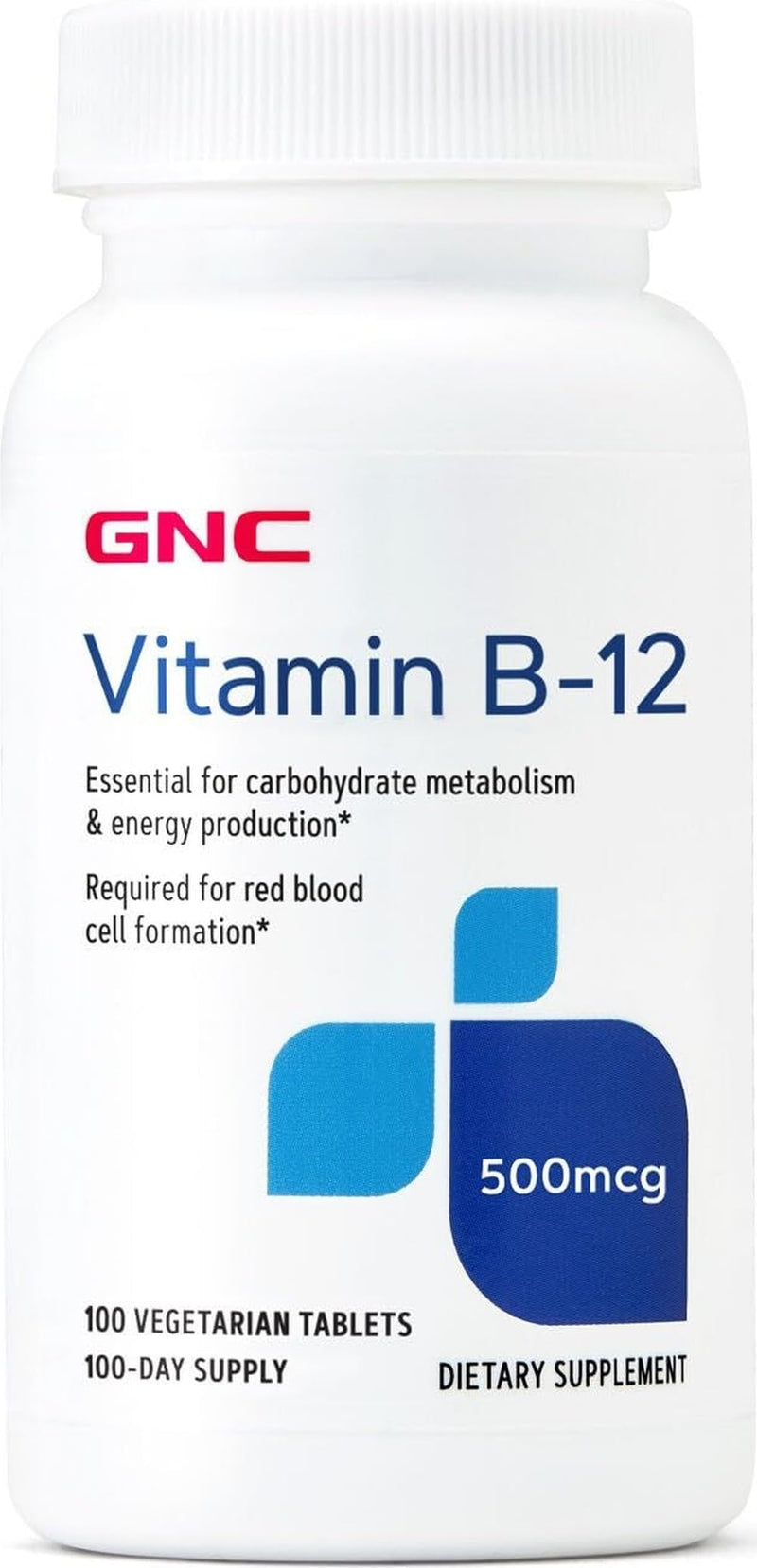 GNC Vitamin B-12 500mcg, Supports Energy Production, 100 Tablets | Supports Carbohydrate Metabolism and Energy Production, Aids Red Blood Cell Formation, Kosher, Gluten-Free, and Sodium Free