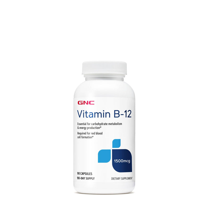 GNC Vitamin B-12 1500mcg, Supports Energy Production, 90 Capsules | Supports Carbohydrate Metabolism, Aids Red Blood Cell Formation, Gluten-Free, Sodium Free, Free of Sugar and Starch 90 Count (Pack of 1)