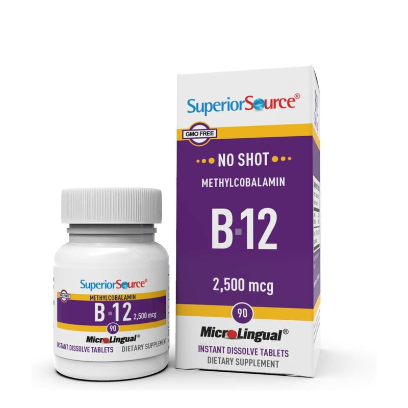 Superior Source No Shot Vitamin B12 Methylcobalamin 2,500 mcg, Quick Dissolve MicroLingual Tablets, 90 Count, Active Form of B12, Supports Energy Production, Nervous System Support, Non-GMO Vitamin B12 2,500mcg
