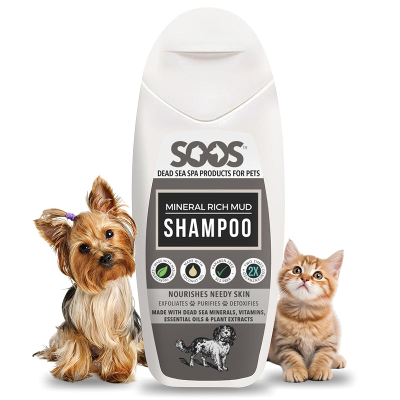 Soos Pet Dog Shampoo for Cats and Pets Mineral Rich Mud Natural Dead Sea Cruelty Free Fast Absorbing Skin Cooling First Aid Antib-acterial and Antif-ungal Odor Remover - 1x 250ml - PawsPlanet Australia