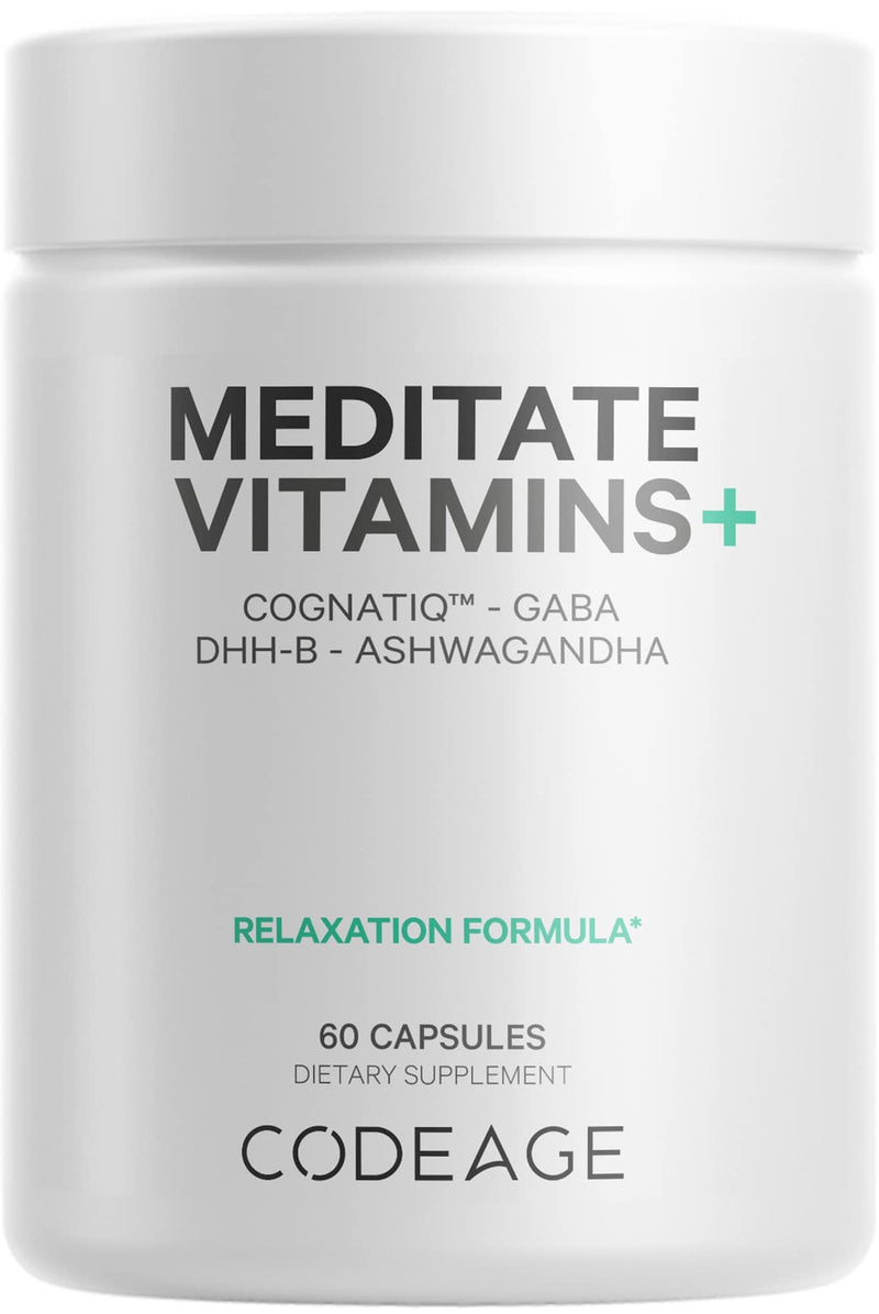 Codeage Meditate Vitamins+, CognatiQ, Ashwagandha, GABA, 60 Capsules | Meditate supplement with adapatogens, CognatiQ, GABA, ashwagandha, mushrooms and wild blueberry. Vegan, gluten-free, non-GMO.