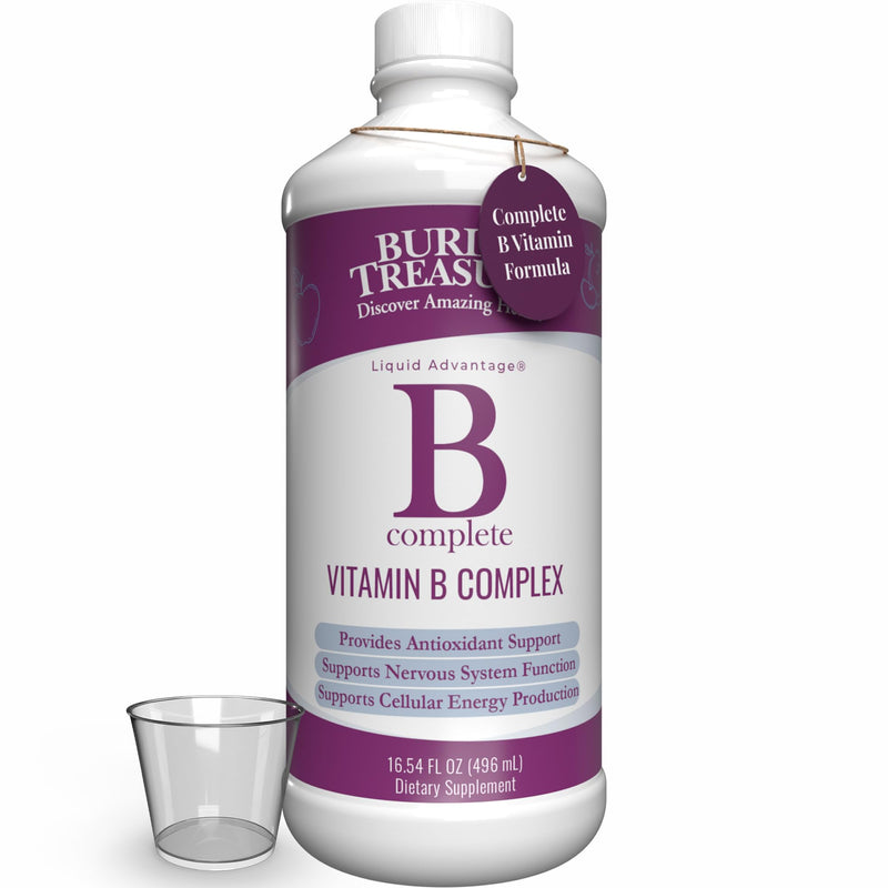 Buried Treasure B Complete - Liquid Vitamin B Complex with MethylCobalamin B12 & MethylFolate B9, Biotin, B1, B2,B3, B5, B6, Liquid & Sugar-Free, Women & Men, Dose Cup for Measuring 16 Fl Oz (Pack of 1)