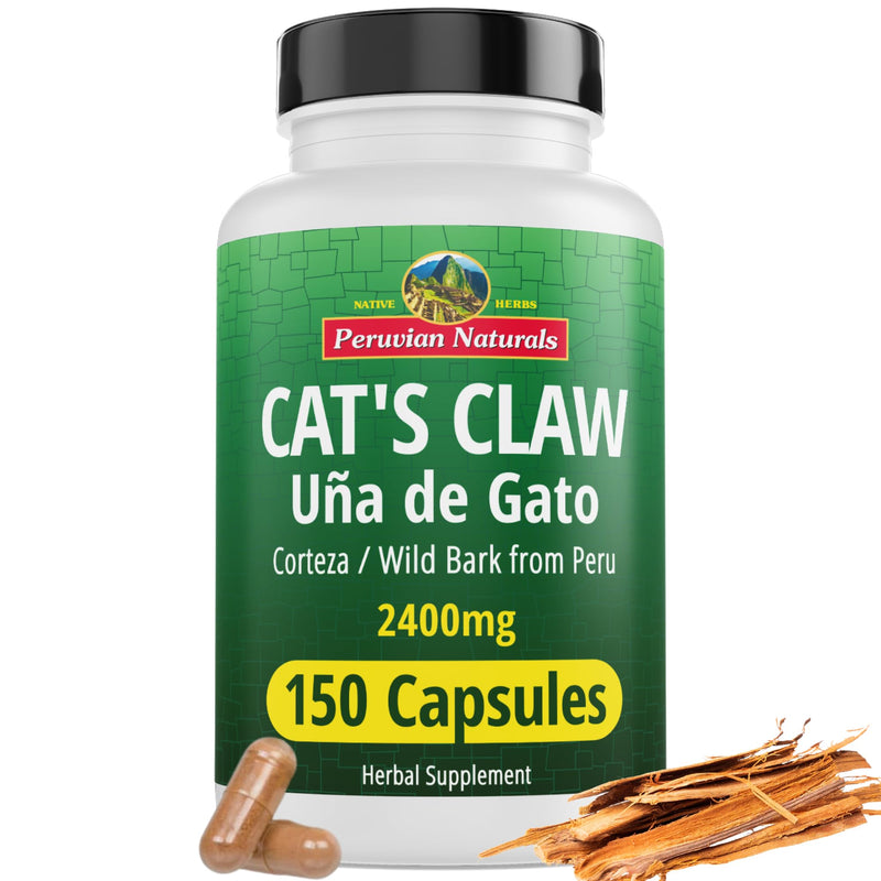 Peruvian Naturals Cat's Claw Herbal Supplement 150 Capsules - Uña de Gato 2400mg of Vegan, 100% Natural Cats Claw Bark Grown in Peru, Non-GMO, Uncaria Tomentosa UNA de Gato 150 Count (Pack of 1)