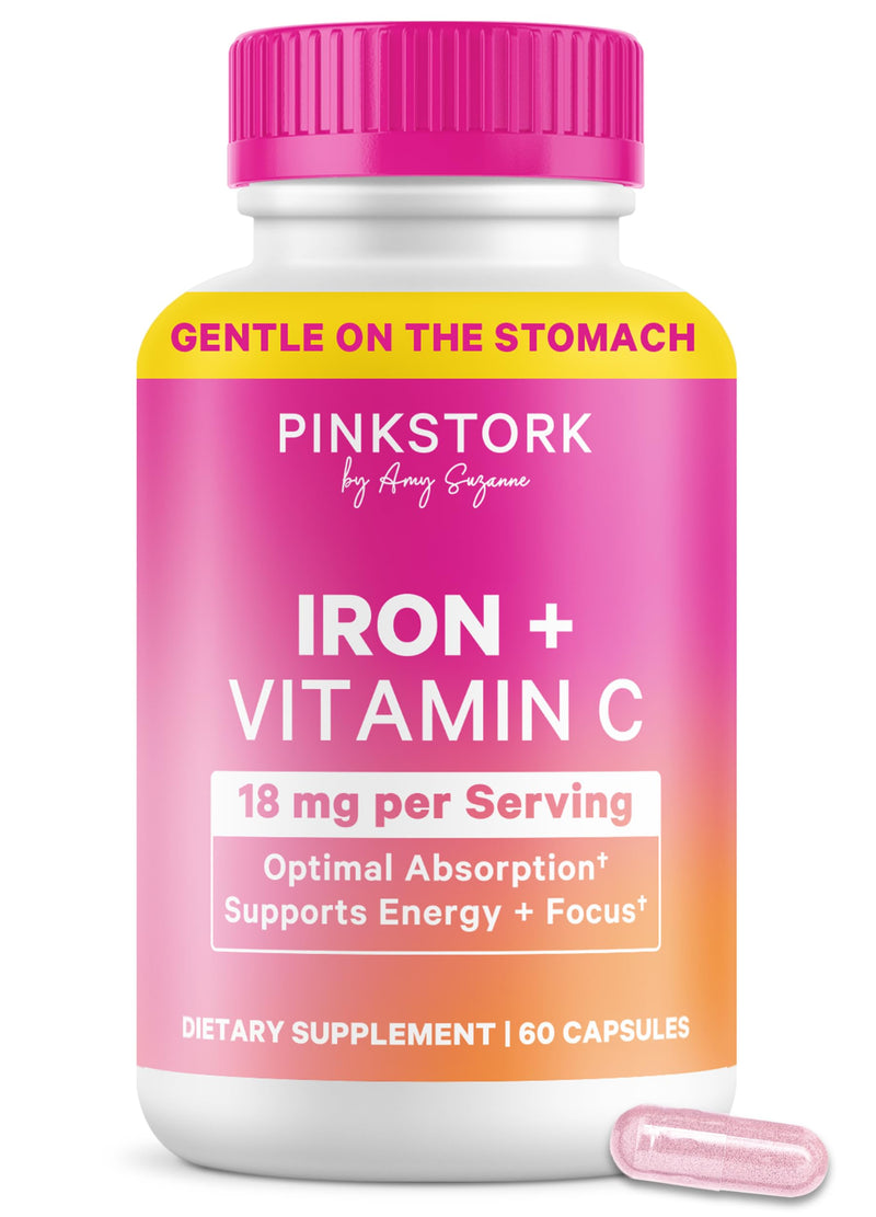 Pink Stork Iron for Women with Vitamin C, 60 Capsules, 2-Month Supply | 18 mg Chelated Iron Bisglycinate + Vitamin C, Supports Energy, Focus + Oxygen, Pregnancy, Postpartum, PMS + Perimenopause 60 Count (Pack of 1)
