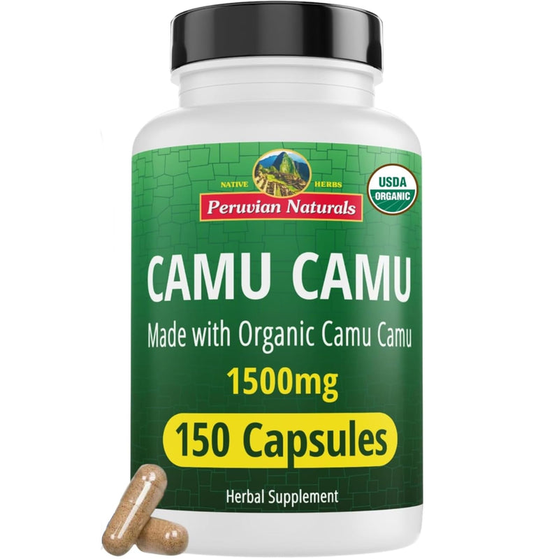 Peruvian Naturals Organic Vitamin C from Camu Camu Capsules 1,500mg - 150 Vegan Pills, Natural Vitamin C from Whole Food Camu Berry Organic, Non-GMO | Natural Vitamin C Supplement, Vegan, Antioxidant Support, Immune & Skin Health, Non-GMO