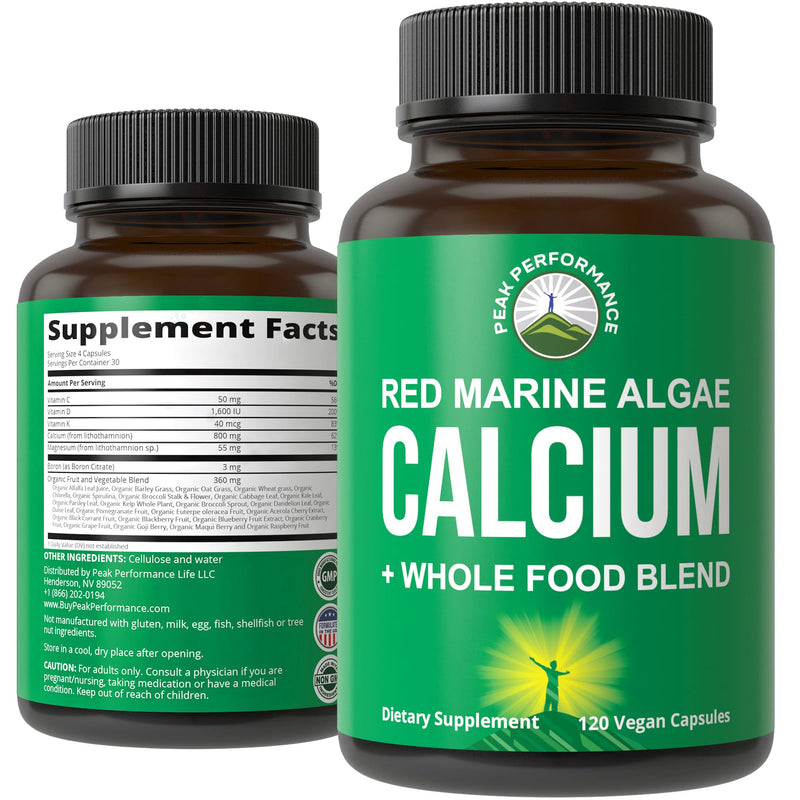 Peak Performance Plant Based Calcium. Red Marine Algae Calcium Supplement | With Vitamin C, D3, K, Magnesium, and a Whole Food Vegetable Blend. Vegan Capsules for Bones and Joints. 120 Pills