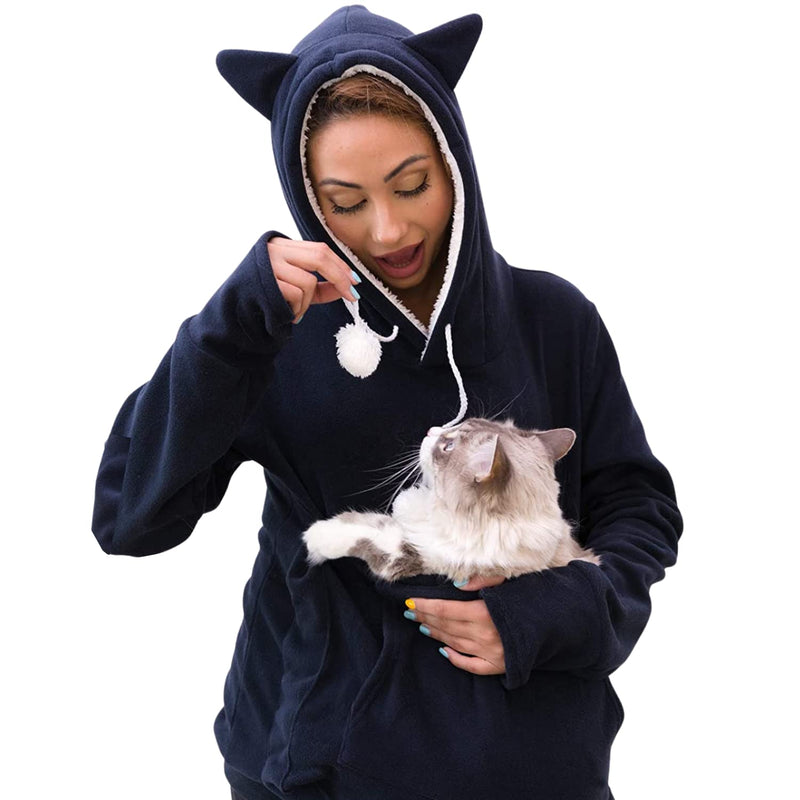 KangaKitty Cat Pouch Hoodie Cat Hoodie with Ears Cat Sweatshirt Small Dog Pouch Hoodie Womens Long Sleeve Sweatshirt Pullover Sweatshirt Kangaroo Hoodie Wearable Cat Carrier (X-Large) X-Large Blue - BeesActive Australia