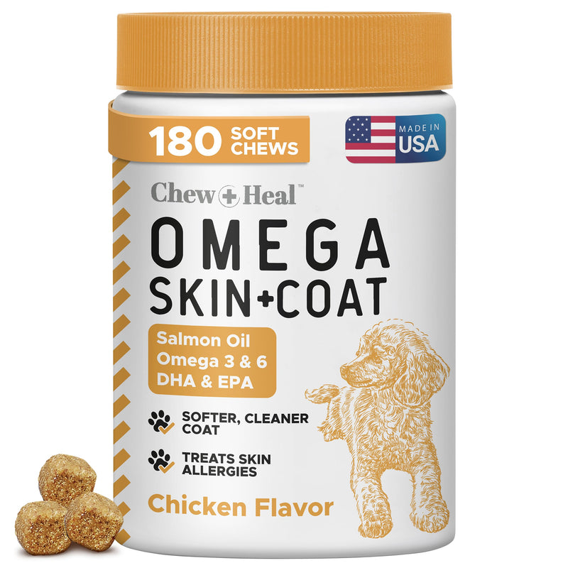 Omega 3 Fish Oil for Dogs - 180 Soft Chews - Itch Relief, Shedding & Hot Spots - Dog Allergy Relief - Salmon Oil Skin & Coat Supplement - EPA DHA - Chicken Flavor - Made in USA | Chew + Heal 180 Chews