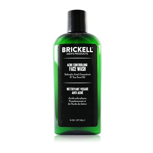Brickell Men's Acne Face Wash for Men, Acne Face Wash to Cleanse Skin and Eliminate Acne, Clears Breakouts, With 2% Salicylic Acid, Hyaluronic Acid, and Tea Tree Oil, 6 Ounces