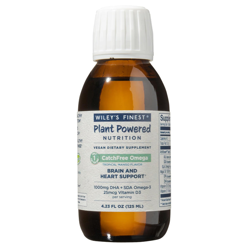 Wiley's Finest CatchFree Omega, Vegan & Plant-Powered, 4.23 oz | Brain and Heart Support, Omega-3 Liquid Support, Plant-Based Algae Oil, Includes Vitamins K2 and D3, Tropical Mango Flavored