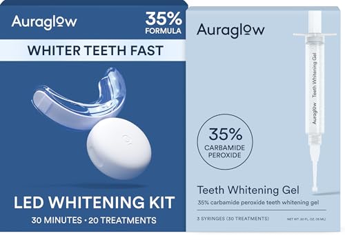 Auraglow Teeth Whitening Kit with LED Light & 35% Carbamide Peroxide Teeth Whitening Gel Refill Pack, 50 Whitening Treatments, Whiten Up to 10 Shades