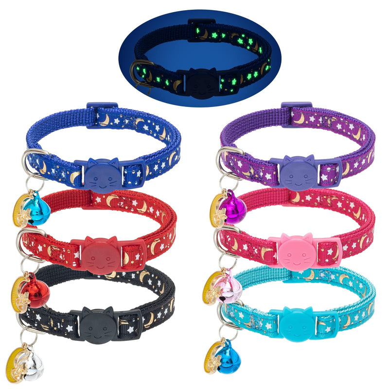 KOOLTAIL Cat Collar Breakaway with Bells - 6 Pack Glow in The Dark - Stars & Moon Charm Pendent Pet Reflective Collars Ideal for Kitten Cats Puppy Reflective without bow - BeesActive Australia