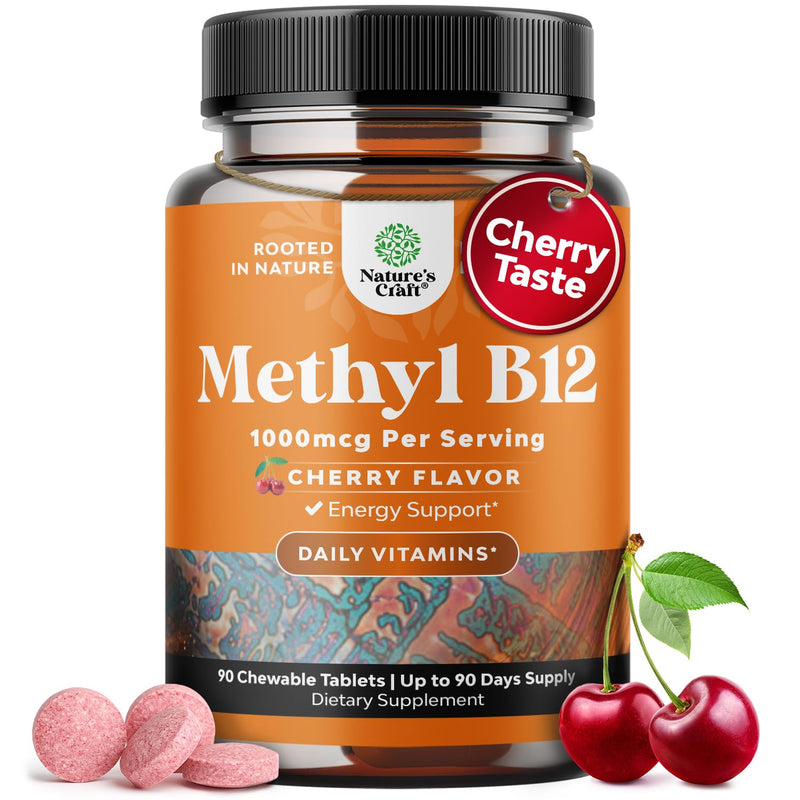 Chewable Vitamin B12 1000mcg for Energy & Mood Support- 90 Count | Cherry methylcobalamin B12 for energy, mood, mental clarity, brain function & skin support