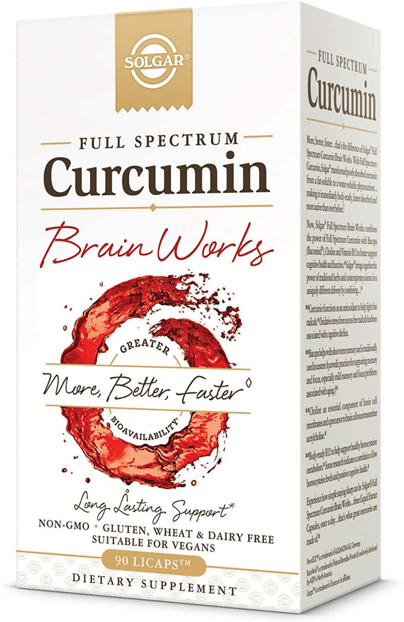 Solgar Full Spectrum Curcumin Brain Works, 90 Licaps, 30 Servings - Non-GMO | Support Memory Recall, Focus, Cognitive Function - Antioxidant Support - Curcumin, BacoMind, Choline, Vitamin B12, Vegan 1 Count (Pack of 1)