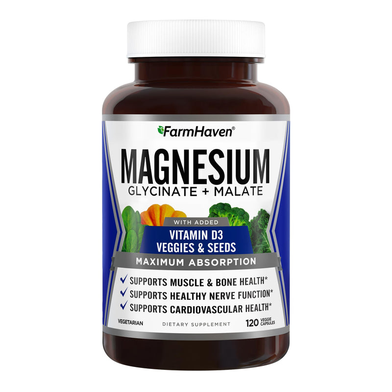 FarmHaven Magnesium Complex, Glycinate/Malate & Vitamin D3, 120 Capsules | Bone Health Support, Muscle & Nerve Function, Chelated Magnesium Complex with Vitamin D3, Vegetarian, 60 Day Supply 120 Count (Pack of 1)