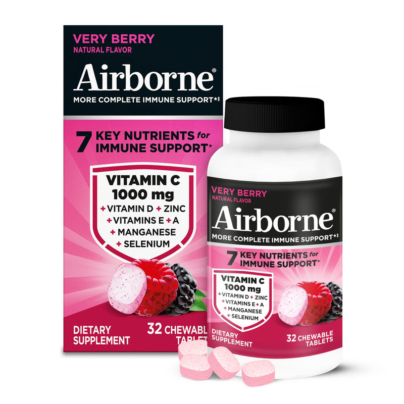 Airborne Very Berry Chewable Tablets, 32ct | Immune Support Supplement with 1000mg Vitamin C + Vitamins A, D, E, Zinc,Selenium, & Manganese | Herbal blend | Gluten Free
