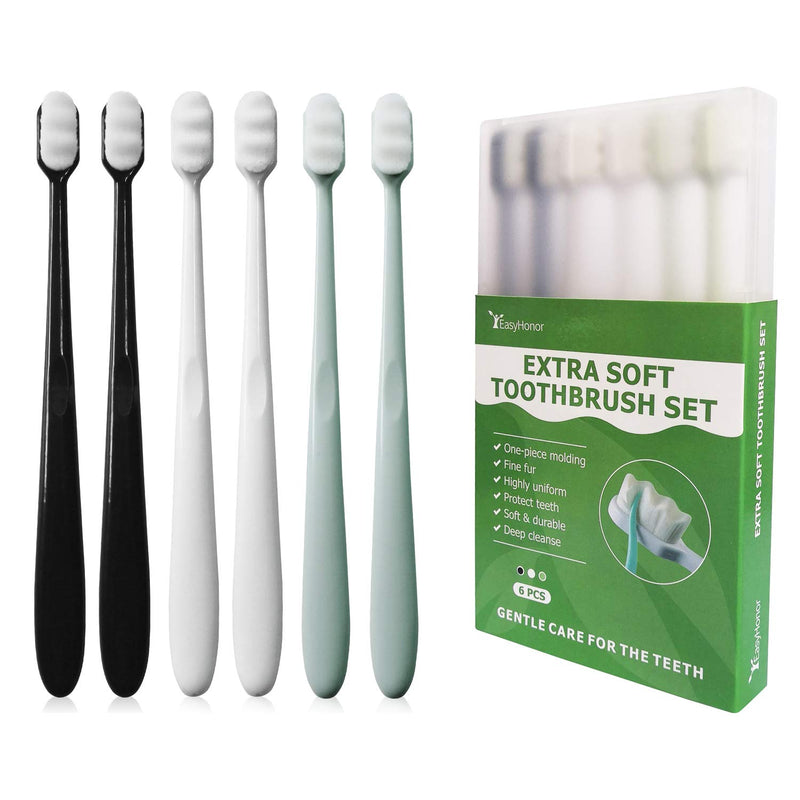 EasyHonor Extra Toothbrush for Sensitive Gums, Micro Fur Manual Toothbrush with 20000 Soft Floss Bristle for Pregnant Women, Elderly, Braces and Gum Recessions, Protect Fragile Gums (6 Pack) 6 packs(white bristles) - BeesActive Australia