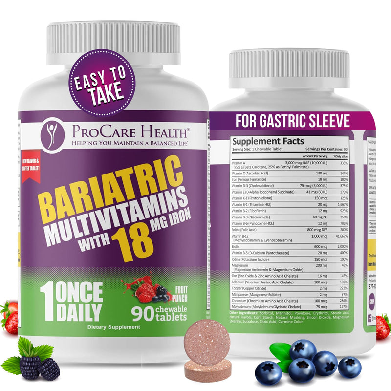Core-18 Bariatric Multivitamin | Fruit Punch | Chewable | 90ct | Once Daily Bariatric Multivitamin with Iron 45mg Chewable Tablets for Gastric Bypass, Sleeve & Post-Op Support - Made in USA 90 Count (Pack of 1)
