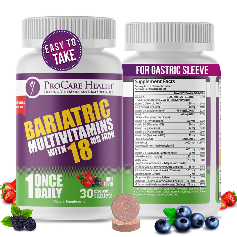 Core-18 Bariatric Multivitamin | Fruit Punch | Chewable | 30ct | Once Daily Bariatric Multivitamin with Iron 45mg Chewable Tablets for Gastric Bypass, Sleeve & Post-Op Support - Made in USA 30 Count (Pack of 1)