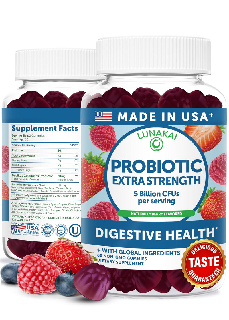 Lunakai USA Made Probiotic Gummies for Gut Health Support, 60ct | 5 Billion CFUs, Non-GMO, Vegan - Daily Digestive & Immune Care for Women & Men - Tasty & Non-Sticky Chewable Gummies 60 Count (Pack of 1)