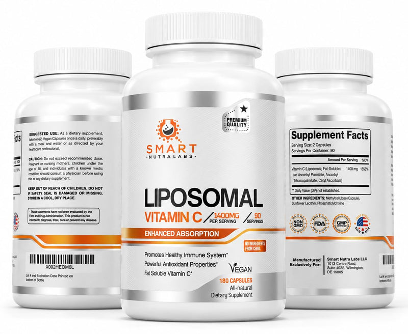 Smart Nutra Labs - Liposomal Vitamin C 1400mg Supplement - 180 Capsules | High Absorption Vit C Liposomal, Powerful Anti-Oxidant, Immune Support - Third Party Tested - Made in USA - 3 Months Supply