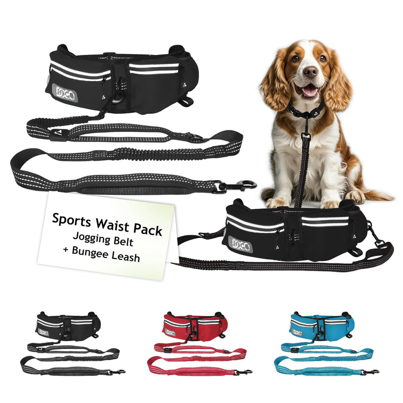DOCO Heavy Duty Hands Free Dog Leash for Running, Walking, Jogging - Adjustable Waist Belt, Reflective Stitching, Bungee Design, Dual Handles for Large Dogs (Black) Black Original