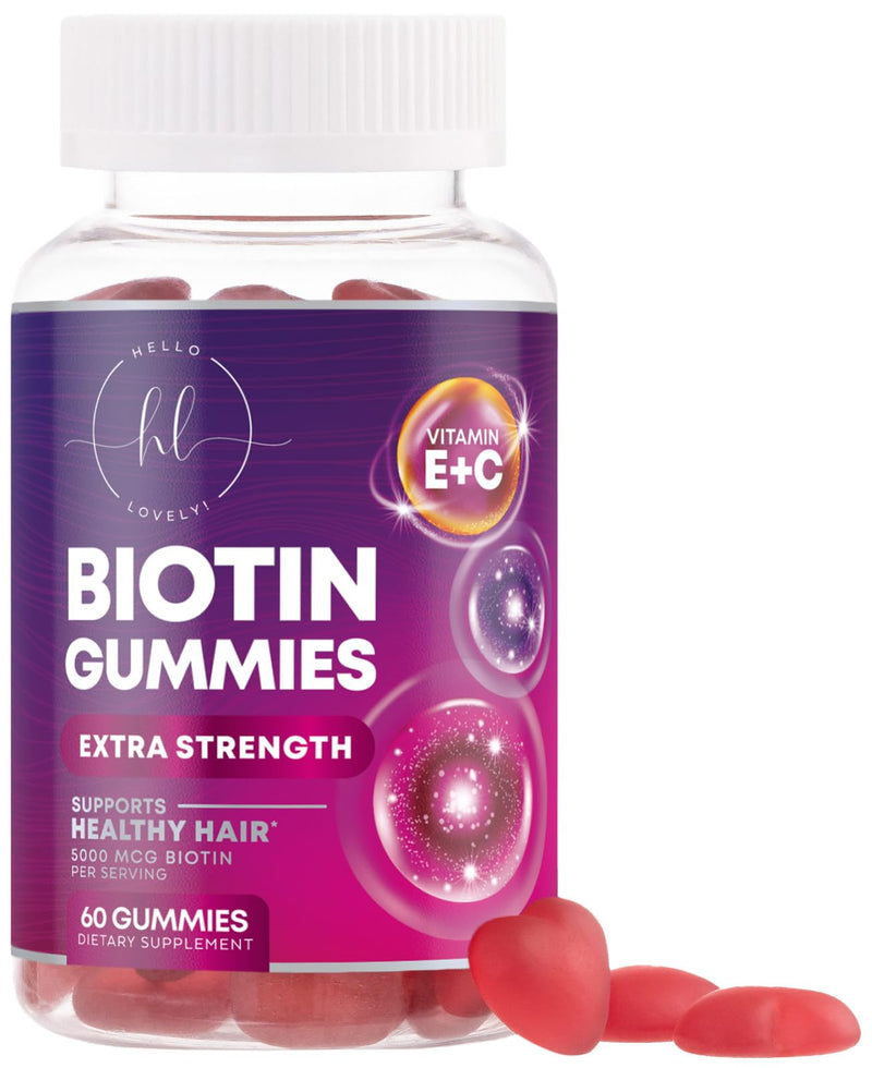 Hair Vitamins Gummies with Biotin 5000 mcg per Serving - Hair Growth Support with Vitamins E & C for Thicker, Stronger & Beautiful Hair - Hair Skin and Nails Vitamin, Gluten Free - 60 Gummies 60 Count (Pack of 1)
