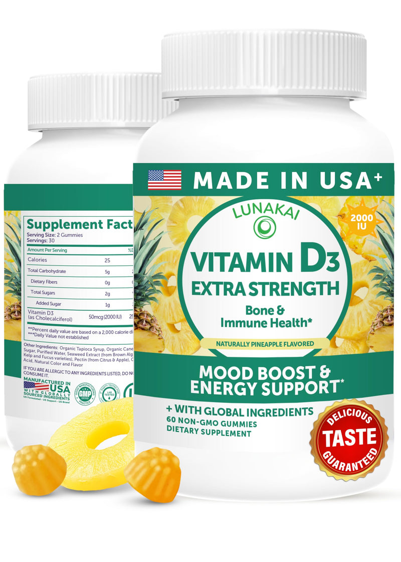 Lunakai USA Made Vitamin D3 Gummies 2000 IU, 60ct | Non-GMO Bone, Immune & Energy Support - Vitamin D Gummies for Women & Men - Tasty, Non-Sticky Daily Supplement 60 Count (Pack of 1)