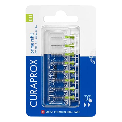 Curaprox Interdental Brushes CPS 011 Prime Refill, Pack of 8, Green, 1.1 mm Diameter, 5 mm Efficiency, Refill Pack, Without Holder