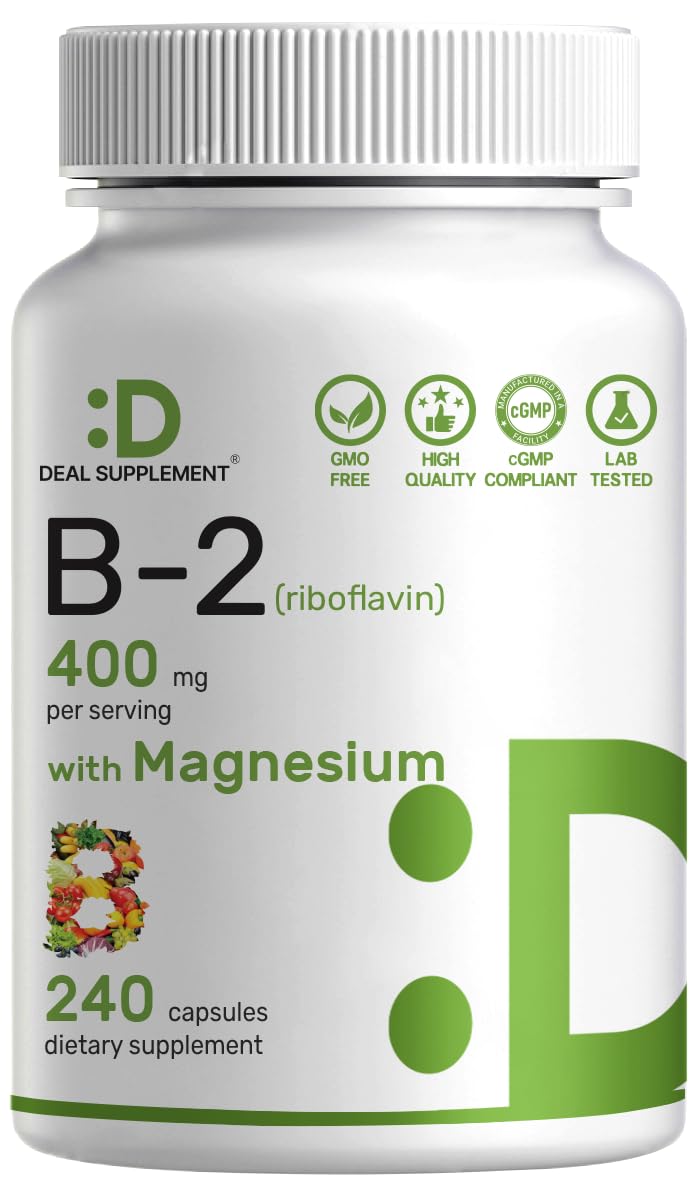 DEAL SUPPLEMENT Vitamin B2 400mg (Riboflavin) | with Magnesium Glycinate 400mg, 240 Capsules – 2 in 1 Support Healthy Nervous System, Mood, Blood & Energy Production, Non-GMO