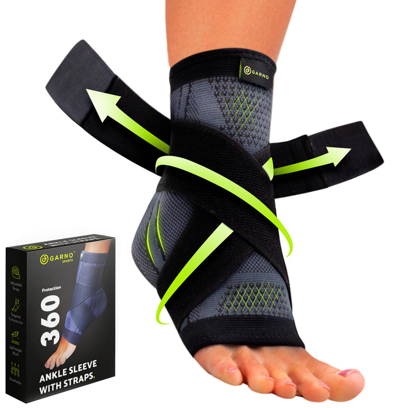 GARNO Ankle Brace – Compression Foot Sleeve with Adjustable Straps for Men & Women, Plantar Fasciitis & Achilles Support, Heel & Arch Pain Relief, Swelling & Injury Recovery, Protection for Sports, Running & Basketball (One Size Fits Most, Black) - BeesActive Australia