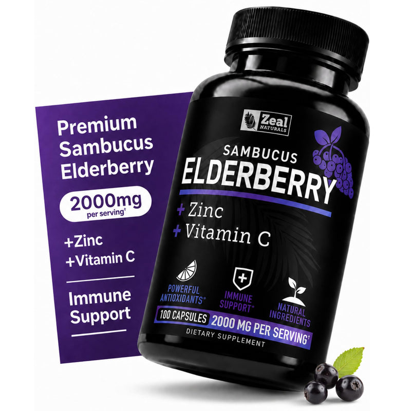 Zeal Naturals Max Strength Elderberry Capsules - 2000mg, 100 Capsules | Sambucus Black Elderberry, Vitamin C, and Zinc | 3-in-1 Immune Support Supplement for Adults