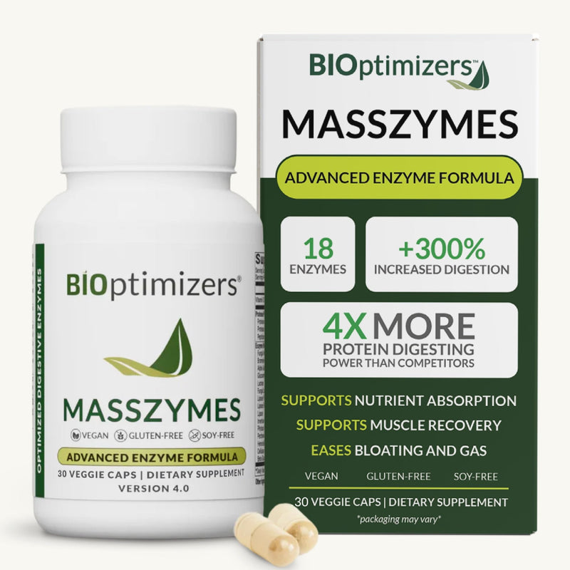 BIOptimizers MassZymes - Complete Digestive Enzymes Supplement for Gut Health - Bloating Relief for Men and Women - Lipase Amylase Bromelain Digestive Enzymes (30 Capsules) 30 Count (Pack of 1)