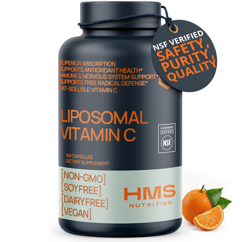 HMS Nutrition Liposomal Vitamin C 1600 mg — Fat‑Soluble, High‑Absorption Liposomal C Capsules for Immune & Skin Support | NSF‑Certified, Non‑GMO, Gluten‑Free | 180 Capsules (90‑Day Supply)