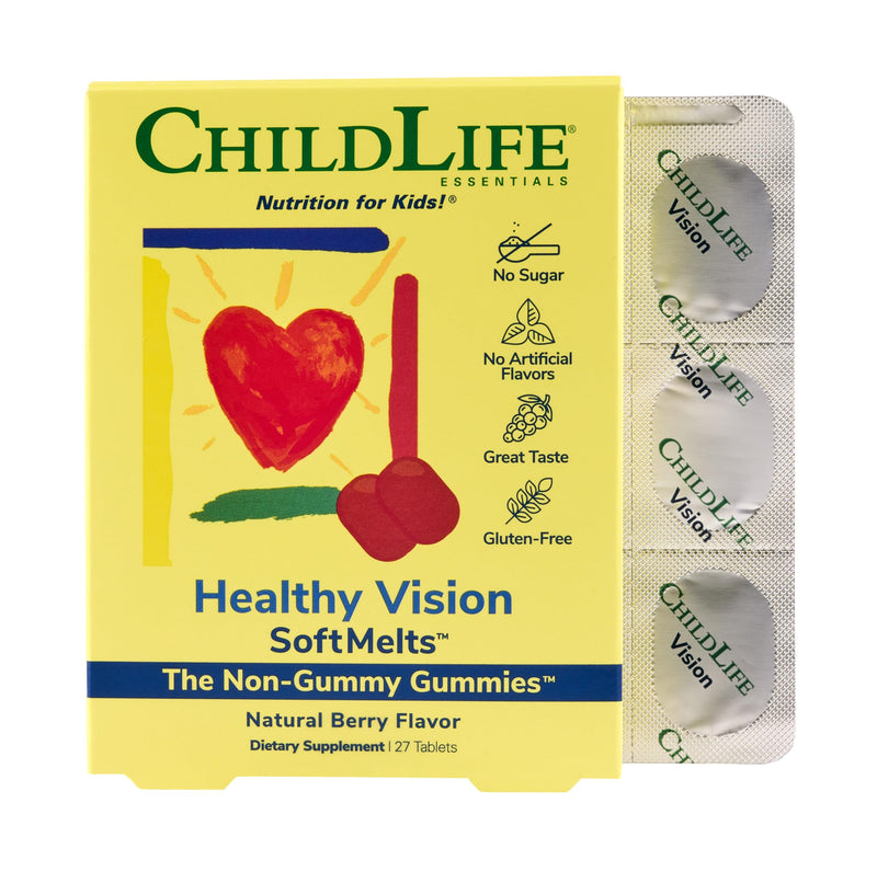 CHILDLIFE ESSENTIALS Healthy Vision SoftMelts, Berry, 27 Tablets | Eye Vitamins for Kids, Lutein Gummies, Lutein and Zeaxanthin Supplements, Eye Health Gummies, Great Taste, Natural Berry Natural Berry (Vision Melts)