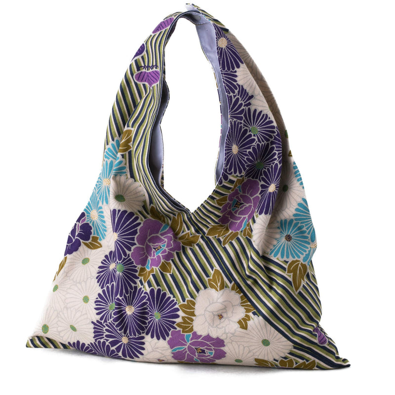 のレン Japanese Furoshiki tote bag (Retro Flower) Kimono Bag/Made in Japan 100% Cotton Fabric Reusable Folding Bag with Pockets Purple - BeesActive Australia