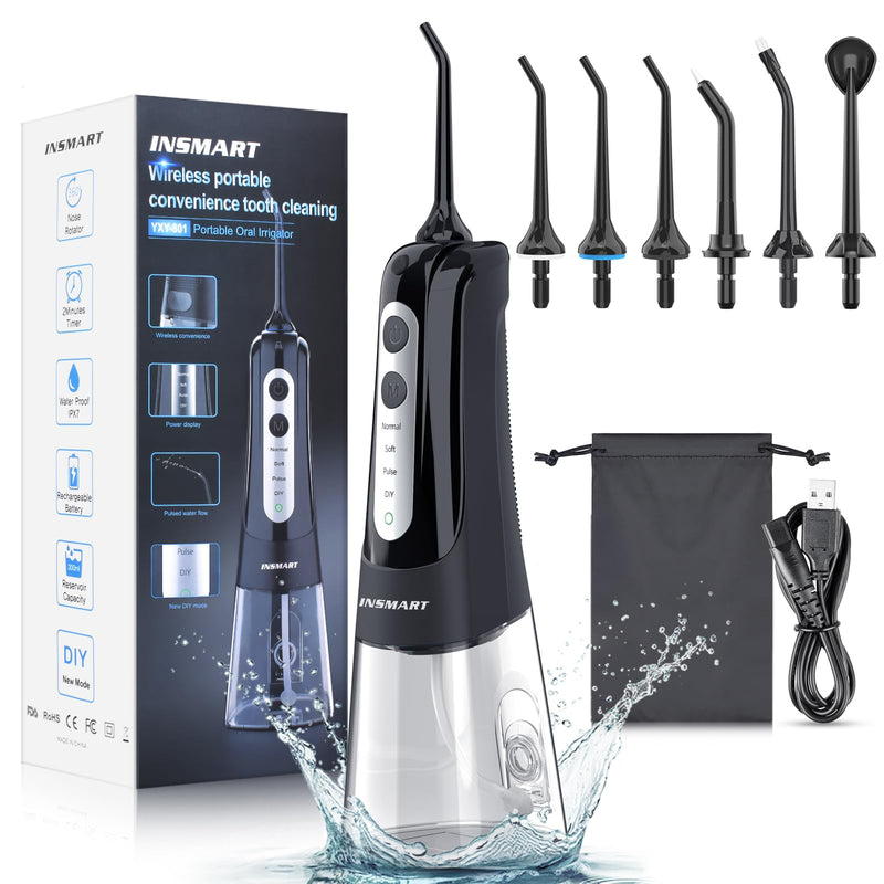 Cordless Water Dental Flosser Teeth Cleaner, INSMART Professional 300ML Tank DIY Mode USB Rechargeable Dental Oral Irrigator for Home and Travel, IPX7 Waterproof 6 Modes Irrigate for Oral Care Black