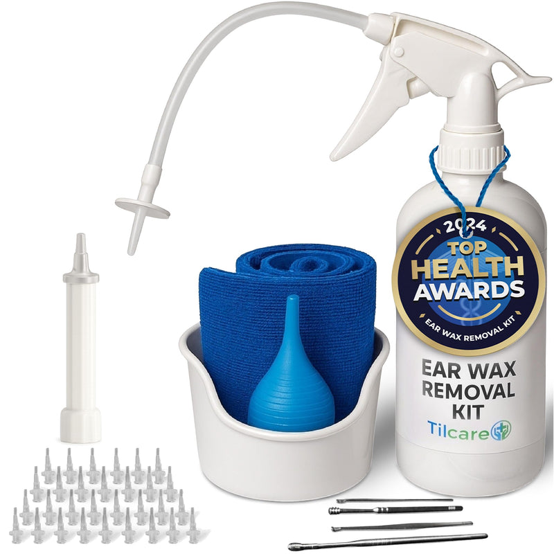 Ear Wax Removal Tool by Tilcare - Ear Irrigation Flushing System for Adults & Kids - Perfect Ear Cleaning Kit - Includes Basin, Syringe, Curette Kit, Towel and 30 Disposable Tips - BeesActive Australia