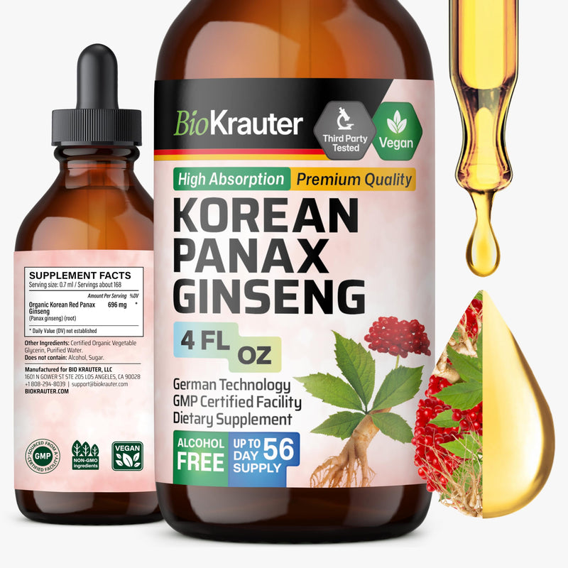 BIO KRAUTER Korean Red Ginseng Extract Liquid - Alcohol & Sugar Free Panax Ginseng Supplement - Vegan Immune Support Supplement - 4 Fl. Oz. 4 Fl Oz (Pack of 1)
