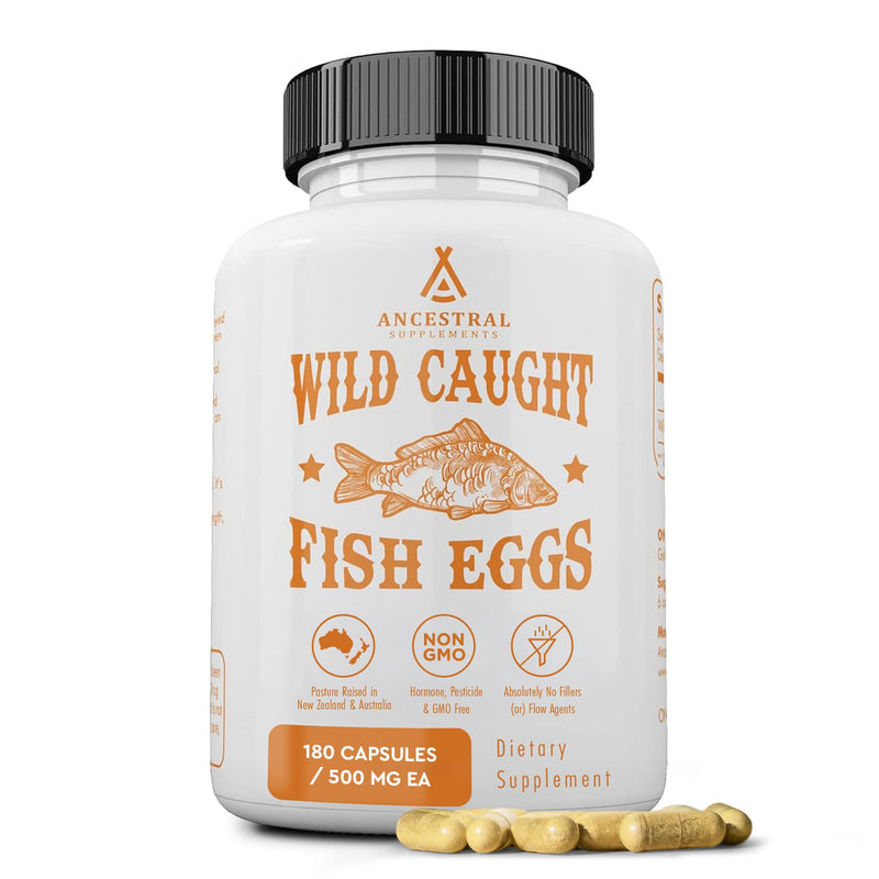 Ancestral Supplements Wild Caught Fish Eggs, Omega-3 Supplement, 180 Ct | 2400mg omega-3 fatty acids with EPA & DHA support brain, heart and fertility health, plus vitamin D, K2 and A. 180 Count (Pack of 1)