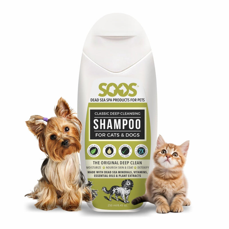Soos Pets Dog Shampoo for Cats and Pets Natural Dead Sea Classic Deep Cleansing Fast Absorbing Coat with Vitamins Minerals Essential Oils Natural Ingredients Antib-acterial - 1x Pet Shampoo (250ml) - PawsPlanet Australia