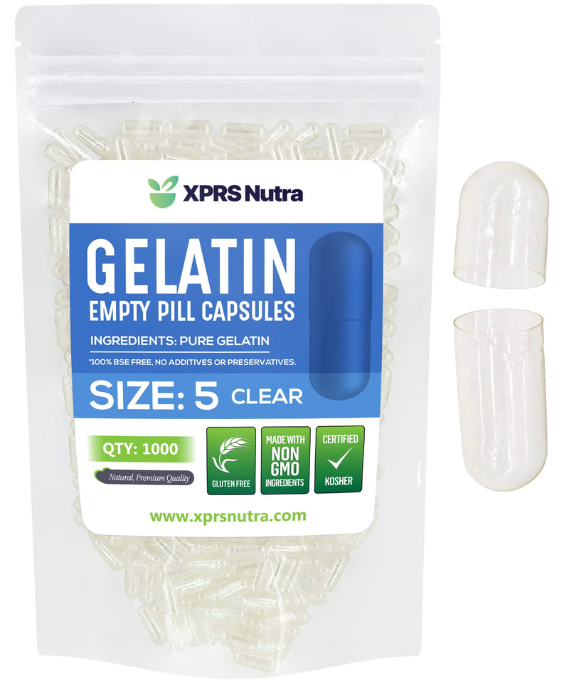 XPRS Nutra Size 5 Empty Capsules - 1000 Count Very Small Clear Empty Gelatin Capsules - Pills DIY Capsule Filling - Fillable Pill Gel Caps for Do-It-Yourself Vitamin Supplements