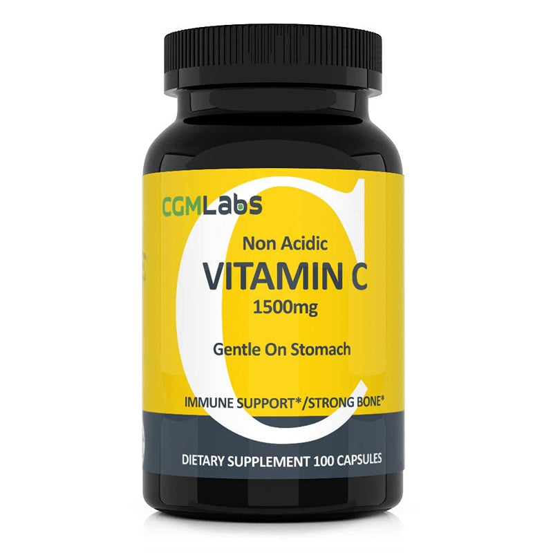 Non Acidic Vitamin C Dietary Supplement 1500mg with Calcium. Gentle on Stomach, Immune/Bone Support- 100 Caps by CGM Labs 1 Count (Pack of 100)