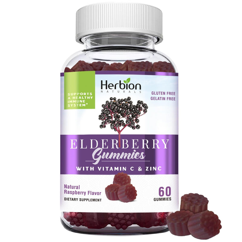 HERBION Elderberry Gummies with Vitamin C & Zinc - Healthy Immune System Support - Gluten-Free & Gelatin-Free - 60 Gummies for Adults & Children 4 Years & Above - Made in USA, 60 Count (Pack of 1) 1 Count (Pack of 1)