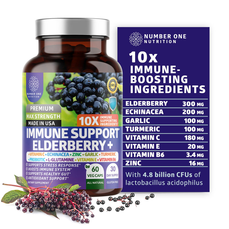 Elderberry Immune Support 10-in-1 with Zinc Vitamin C Probiotics, 60 Caps 60 Count (Pack of 1)