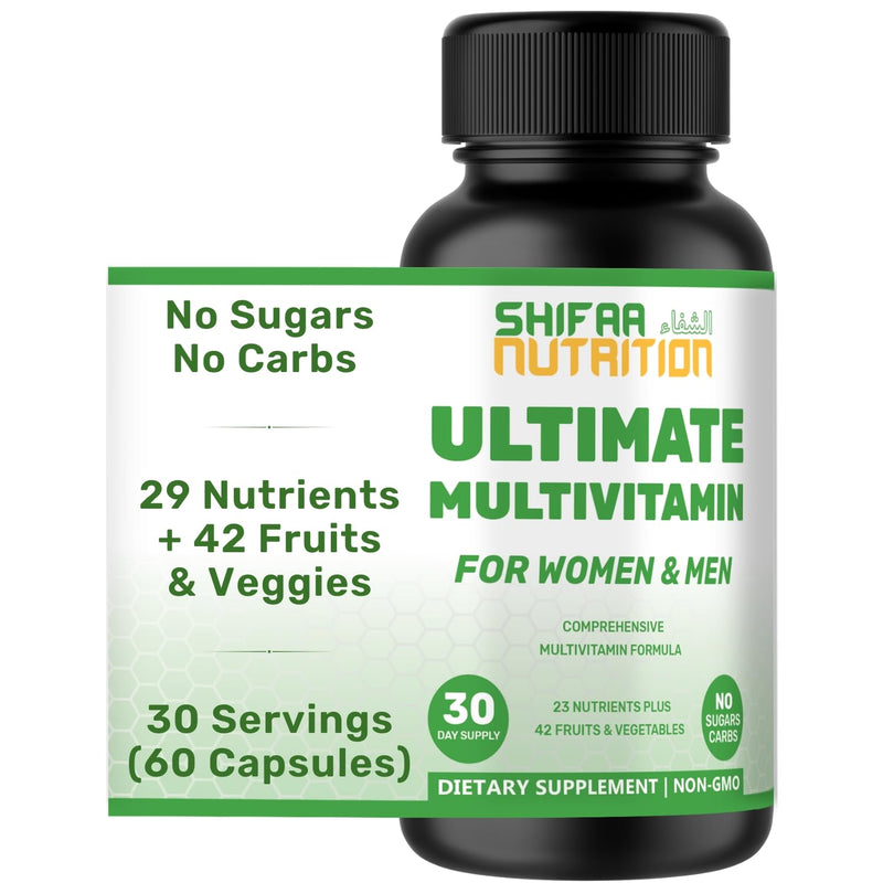 SHIFAA NUTRITION Halal Multivitamins for Women, Men & Adults, 30 Servings | Iron, Vitamin A, B6, B12, Biotin, Niacin, C, D3, E, Zinc, Calcium, Folic Acid, CoQ10 | Halal Vitamins 60 Count (Pack of 1)