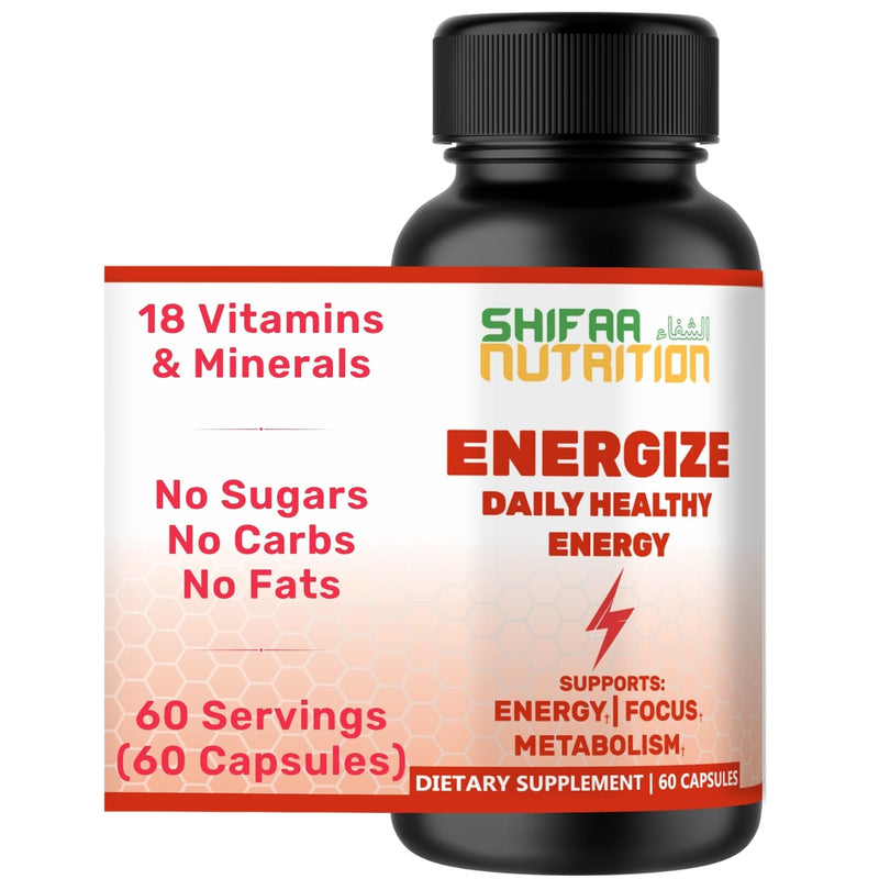 SHIFAA NUTRITION Energize, Natural Daily Energy Vitamins | Jitter-Free, 60 Servings | Supports Focus, Mood, Brain, Metabolism | w/Caffeine & Taurine, B1, B2, B5, B6, B7, B9, B12 Halal Vitamins