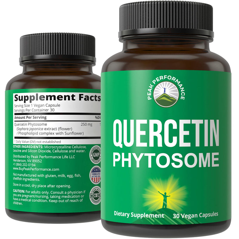 Peak Performance Ultra Pure Quercetin Phytosome Vegan Capsules Supplement | Rich Sophora Japonica Extract for Max Absorption Now. Quercetin 250mg Supplement Capsules. Made in USA