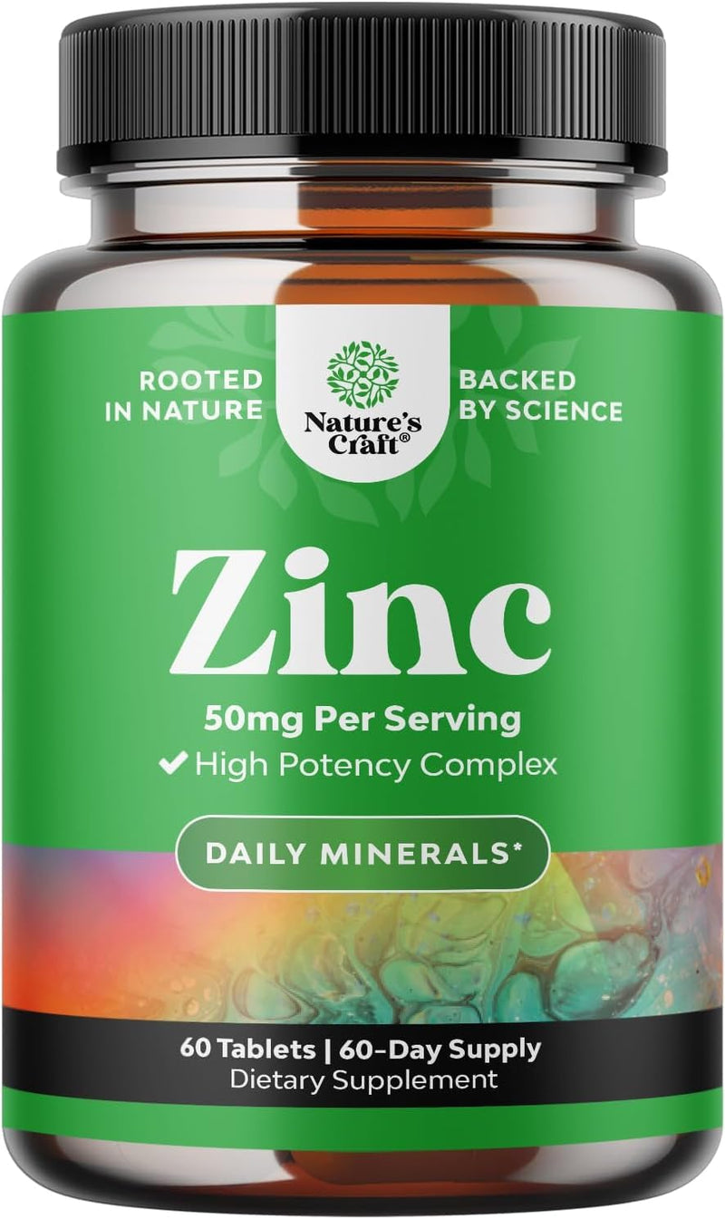 Zinc 50mg Immune Support Supplement - Zinc Complex Supplement for Immune System and to Enhance Hair Skin and Nails Vitamins - Easy to Swallow Potent Daily Tablets for Adults - 60 Count 60 Count (Pack of 1)