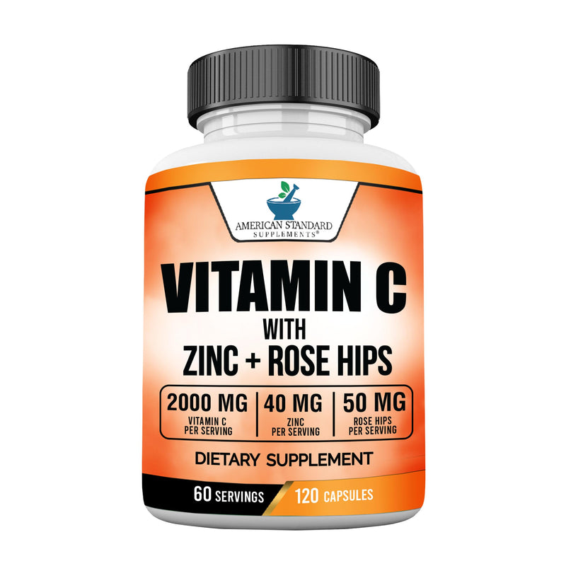 American Standard Supplements Vitamin C 2000mg, Zinc 40mg, and Rose HIPS 50mg Per Serving – Vegan, Gluten Free, Non-GMO, 120 Capsules, 60 Servings - BeesActive Australia
